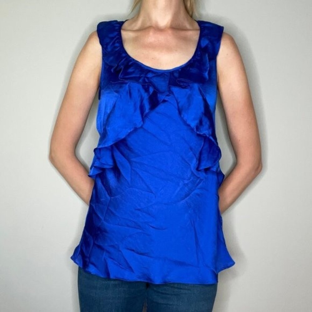 Women's Spence Blue Satin Ruffle Layered Tank Top Medium Shiny Casual